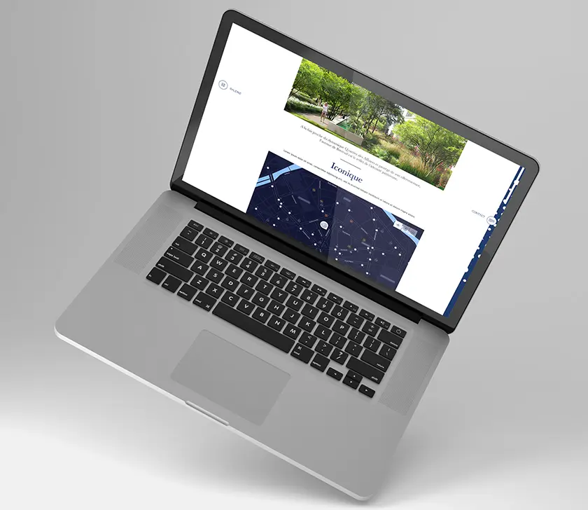 Site du 46 Breteuil : page des jardins et carte bleue dessinée sur mesure