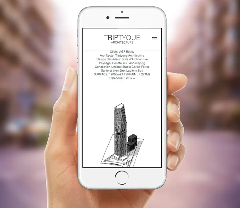 Fiche projet du site Triptyque Architecture sur smartphone : une tour et ses informations