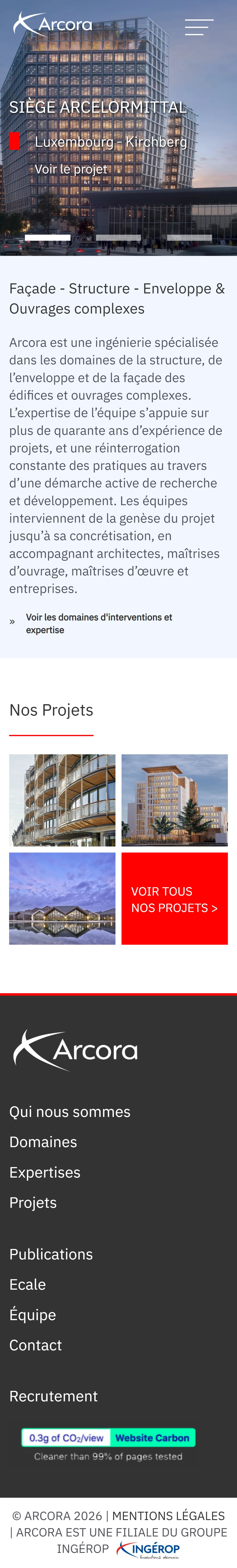 Page d'accueil complète de arcora.com sur mobile