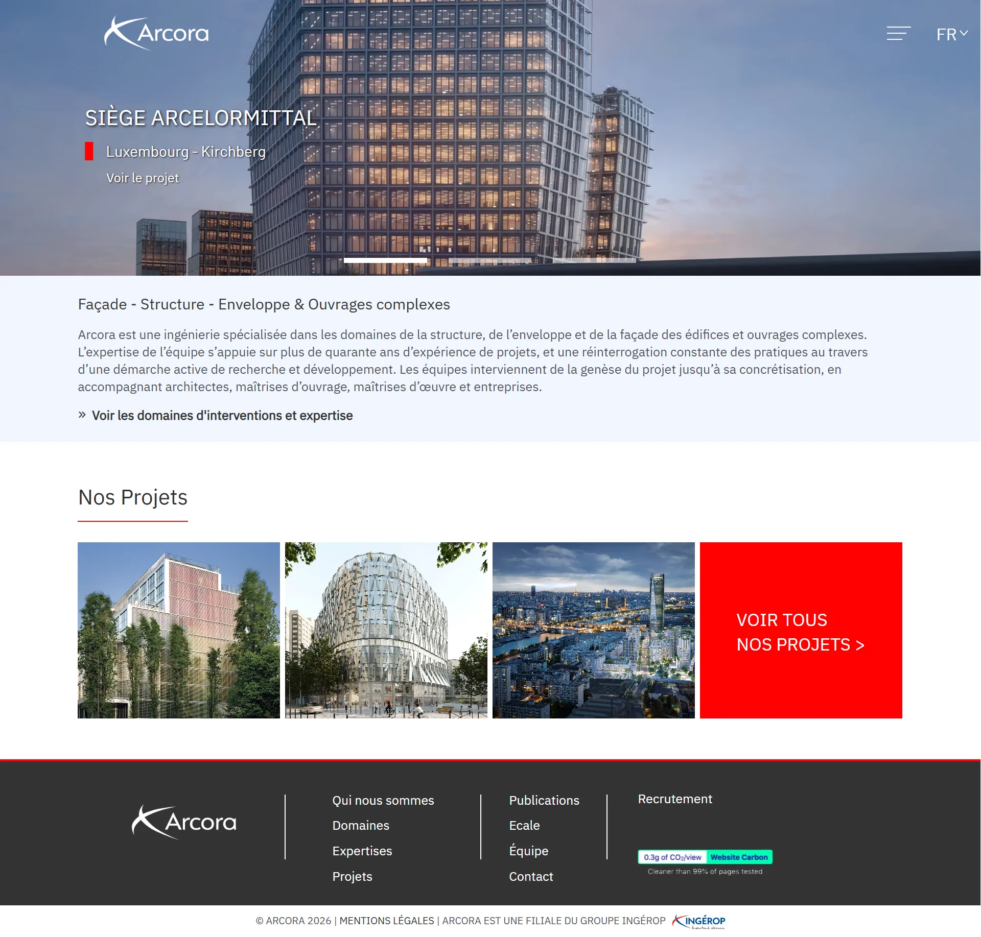 Page d'accueil complète de arcora.com sur ordinateur