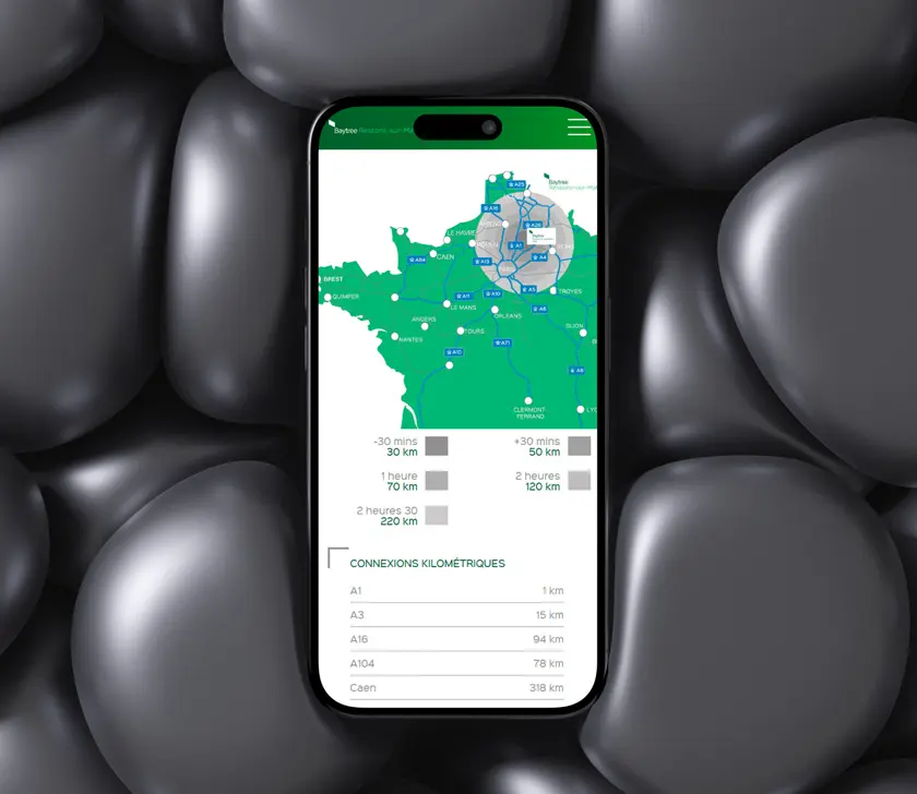Site d'un parc Baytree sur smartphone : carte d'accès et temps de trajet