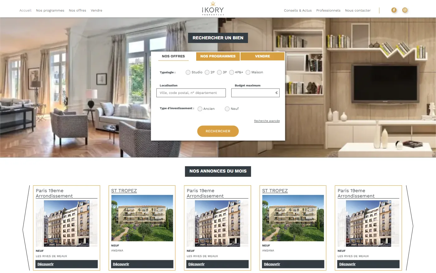 Page d'accueil du site ikoryproperties.com sur ordinateur
