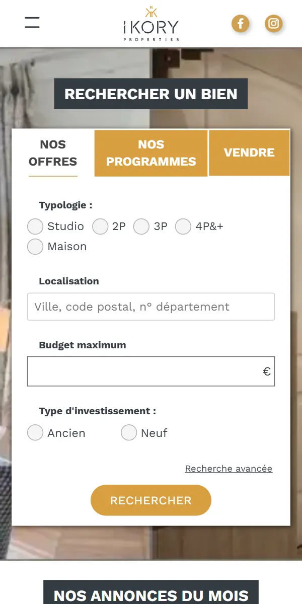 Le site ikoryproperties.com sur téléphone