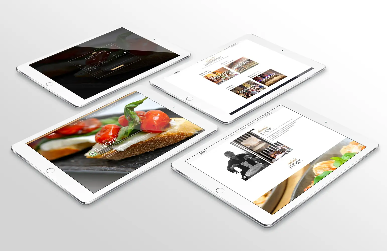 Site d'Il Nove sur tablettes : plats italiens et salle du restaurant