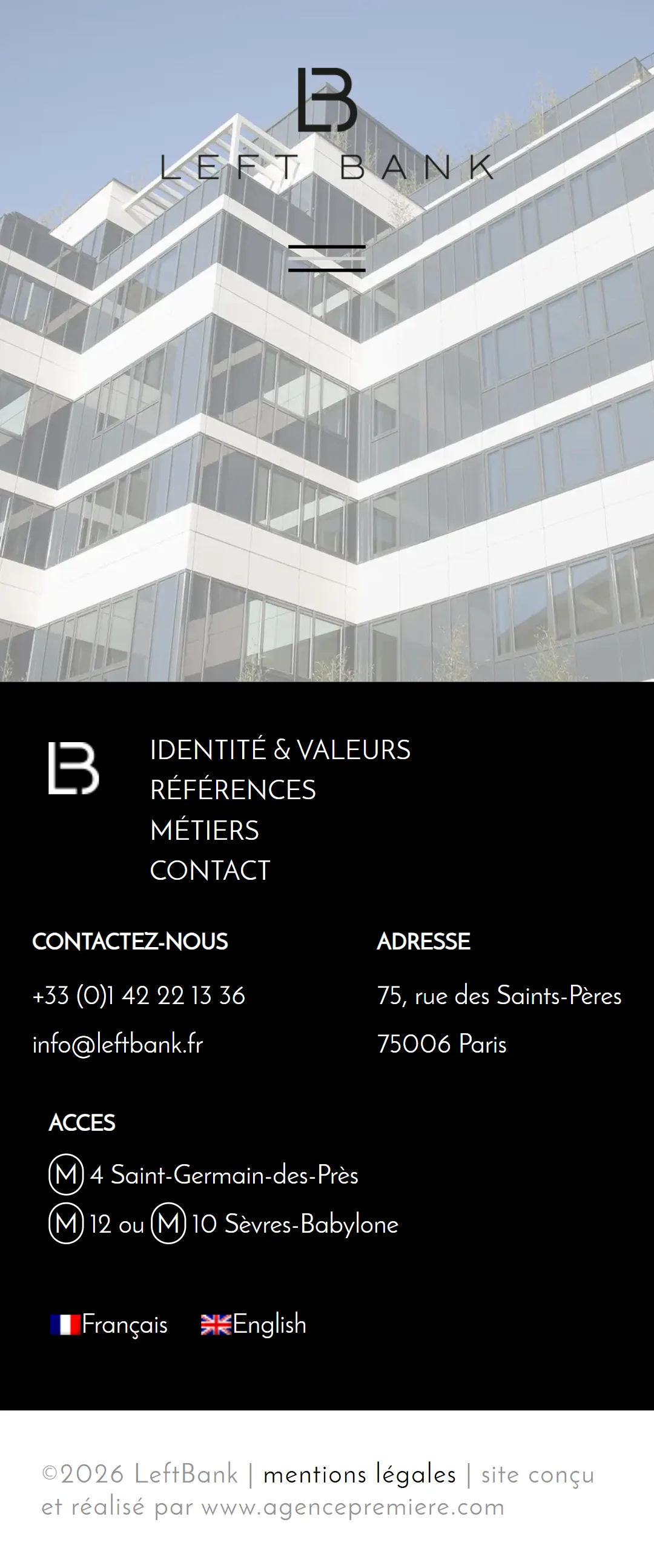 Page d'accueil complète de leftbank.fr sur mobile