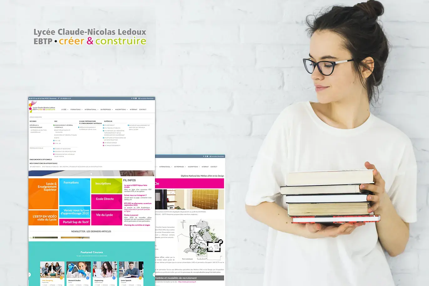 Pages du site du lycée Claude-Nicolas Ledoux EBTP, à côté d'une élève qui tient des livres