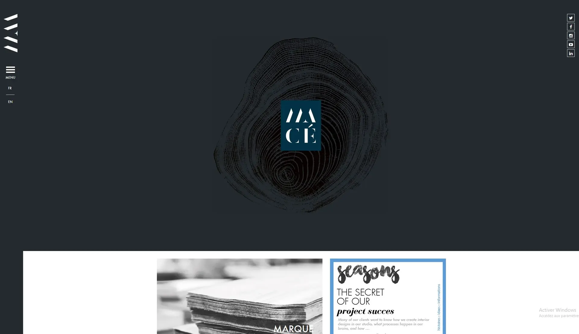 Page d'accueil du site Macé Paris : logo sur une empreinte de bois