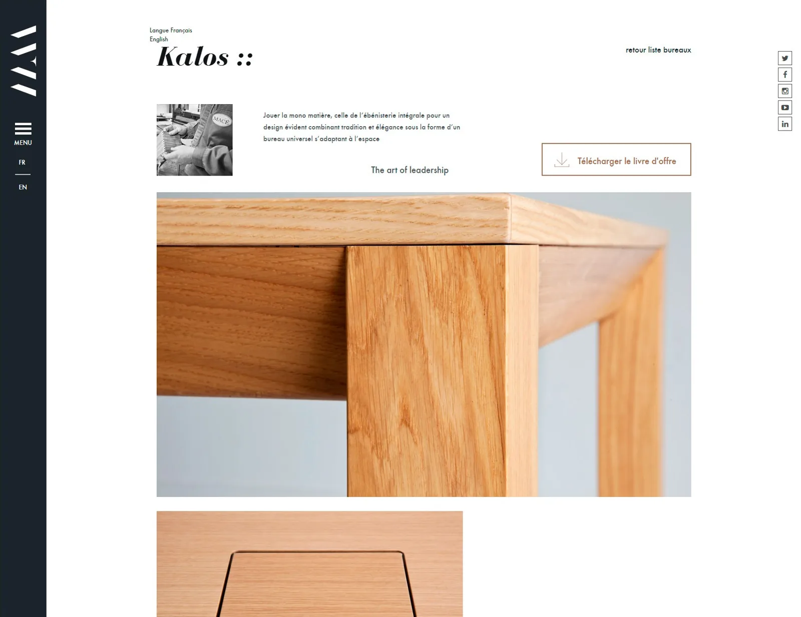 Site Macé Paris sur ordinateur : page du bureau Kalos en chêne massif, avec son livre d'offre à télécharger