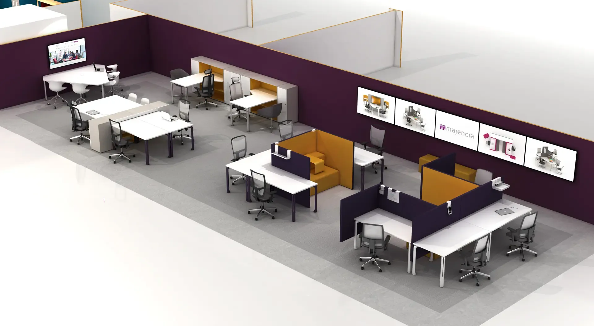 Animation 3D du stand Majencia au salon Orgatec : postes de travail et espaces de réunion