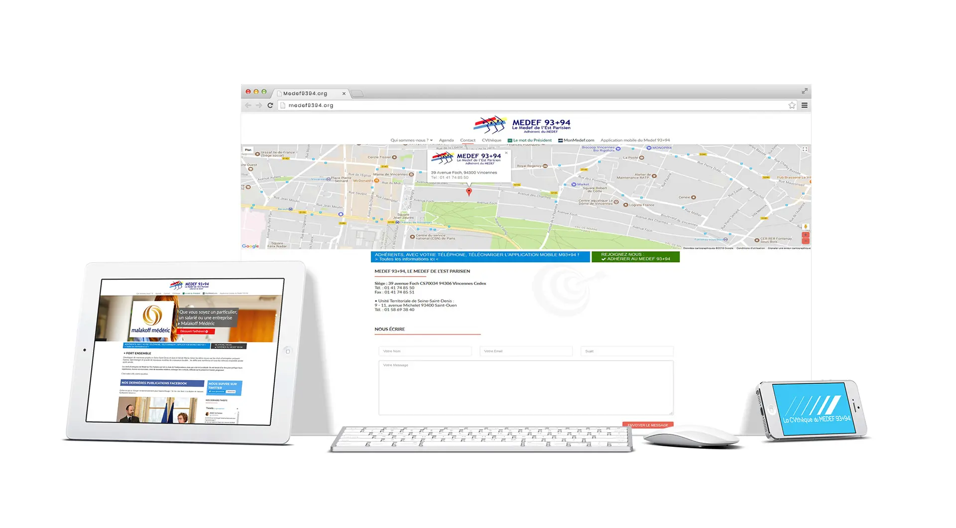 Site du MEDEF 93+94 sur ordinateur, tablette et smartphone